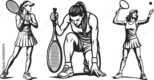 Female tennis players in dynamic poses, serving, preparing, and celebrating, ideal for sports graphics, fitness campaigns, coaching visuals, or athletic promotional materials
