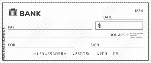 Bank check, vector blank money cheque, checkbook template with guilloche pattern and fields. Currency payment coupon, money check background