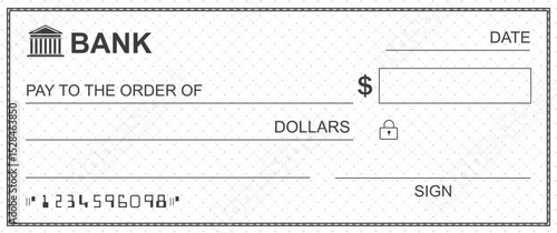 Bank check, vector blank money cheque, checkbook template with guilloche pattern and fields. Currency payment coupon, money check background