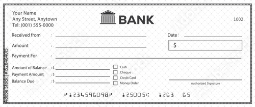 Bank check, vector blank money cheque, checkbook template with guilloche pattern and fields. Currency payment coupon, money check background