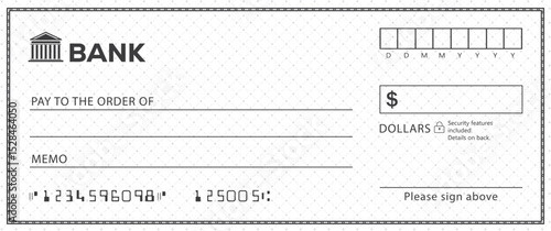 Bank check, vector blank money cheque, checkbook template with guilloche pattern and fields. Currency payment coupon, money check background