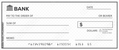 Bank check, vector blank money cheque, checkbook template with guilloche pattern and fields. Currency payment coupon, money check background