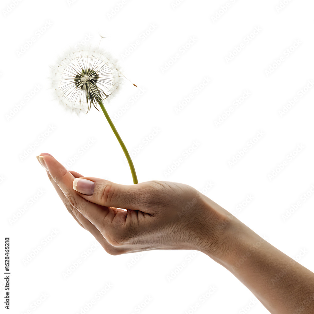 Fototapeta premium Dandelion seed head in hand isolated on a white background png ai generated