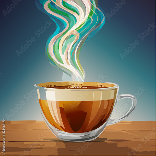 A hot drink in a cup with swirling steam, bold color, and soft lighting.