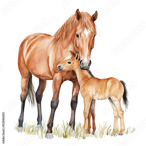 A Mother Horse With Her Kid, watercolor vector, high quality, isolated on a white background.