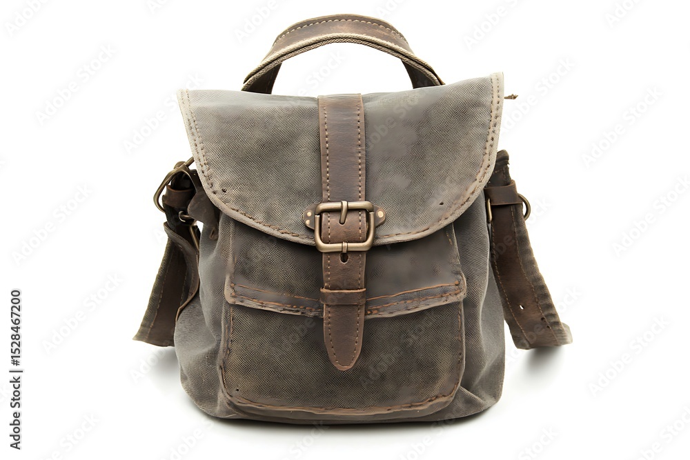 Naklejka premium Vintage styled gray canvas and leather messenger bag isolated on white