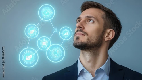 Thoughtful man pondering technology and data visualization with futuristic graphics around his head in a professional setting