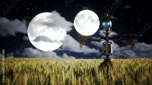 Eerie Robotic Scarecrow Stands Guard in Wheat Field Under Two Luminous Moons at Night
