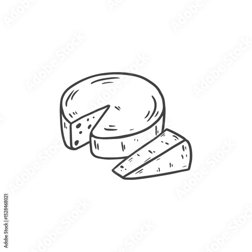 Cheese in sketch style, black and white illustration. Slice of cheese isolated on white. Food Vector illustration
