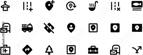 Black vector icons on white background featuring map pins, radio buttons, and UI elements for app design