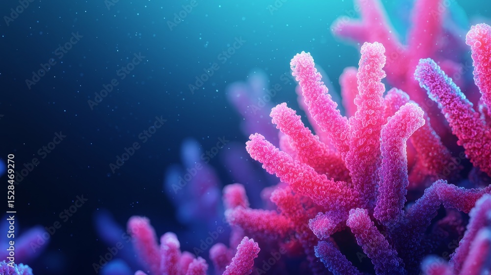 Fototapeta premium Illuminated Marine Microorganisms in High-Resolution 3D Render Under Microscope with Copy Space for Text