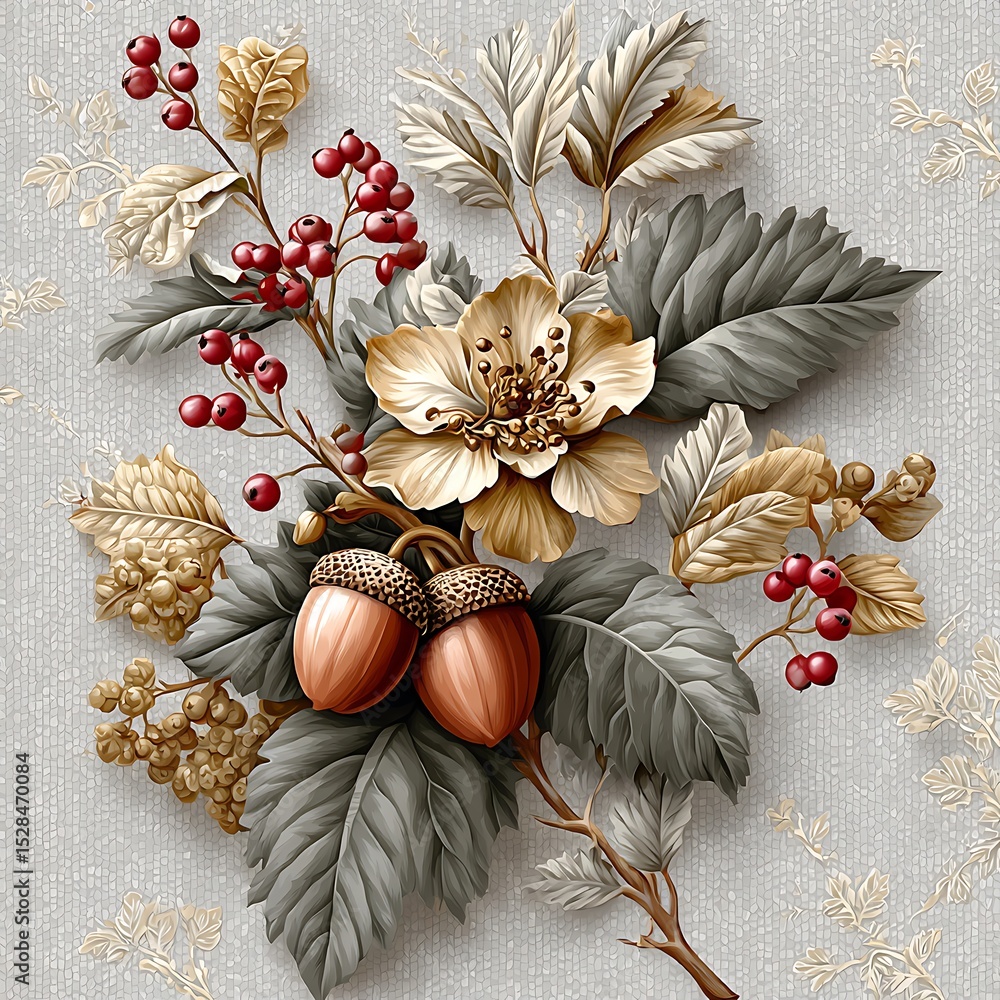 Fototapeta premium Hand drawn floral art with acorns high resolution photo