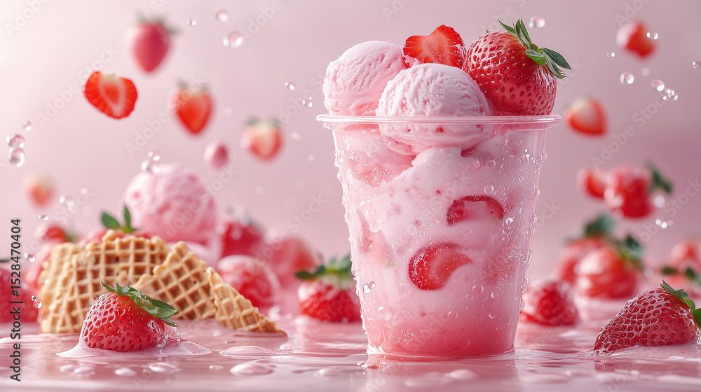 Refreshing strawberry ice cream dessert with berries in a cup at a summer gathering Refreshing strawberry ice cream dessert with berries in a cup at a summer gathering
