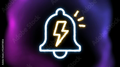 Animated Neon Bell Icon with Lightning Bolt Symbol Glowing Alert Notification and Purple Background Effect