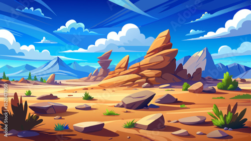 Arid stone desert landscape under a vibrant blue sky; sparse vegetation and scattered rocks bathed in sunlight, dry, design  Very beautiful