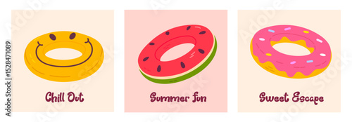 Summer greeting cards set with inflatable pool rings – donut, watermelon, yellow face