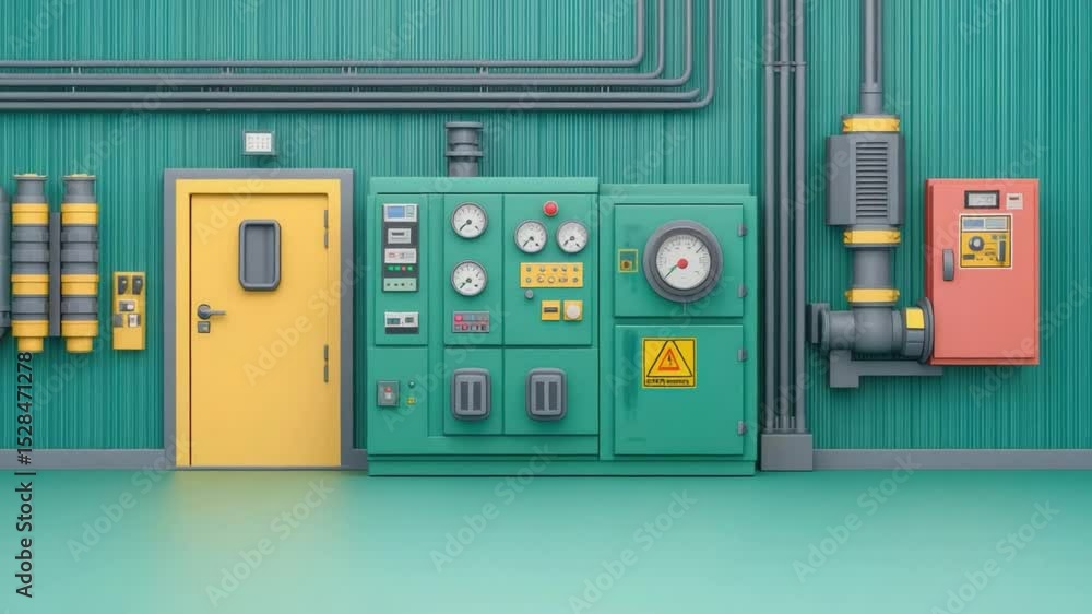 Industrial control panel within a vibrant green room featuring yellow door and safety equipment in a modern facility Industrial control panel within a vibrant green room featuring yellow door and safety equipment in a modern facility