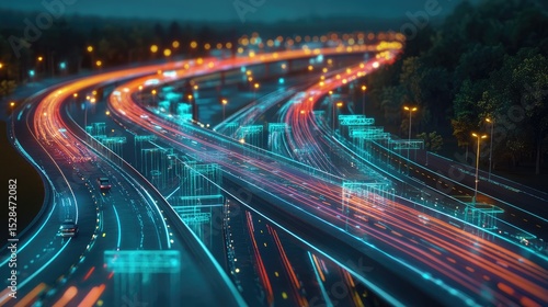 Futuristic highway interchange with electric and smart vehicle lanes highlighted
