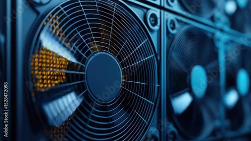Close-Up View of Industrial Electric Fans and Cooling Systems in a Modern Warehouse or Server Room Environment