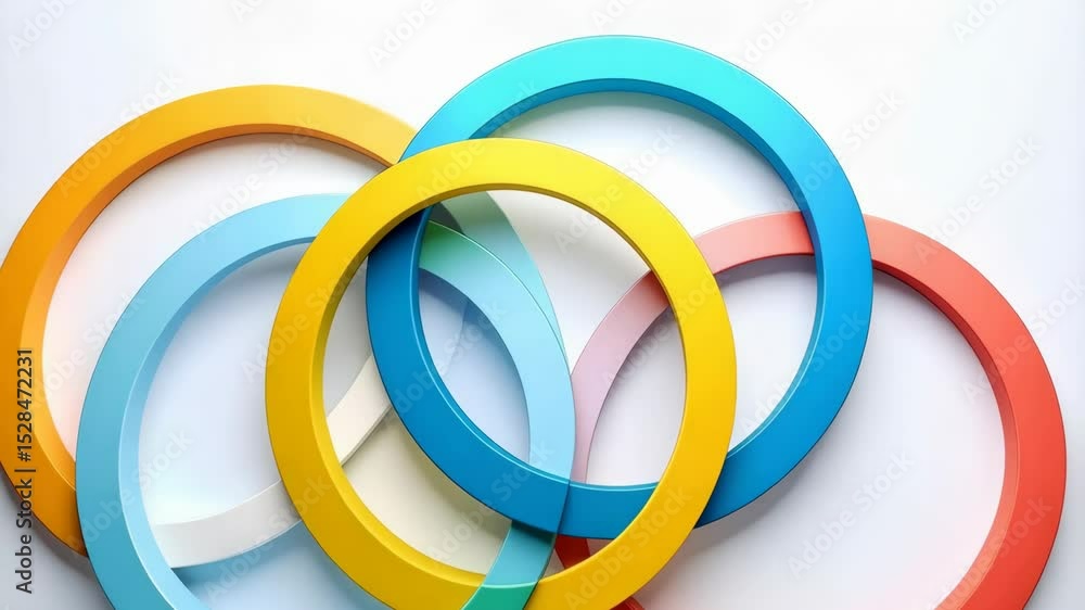 Interlocking vibrant rings in shades of blue, yellow, orange, and red arranged on a clean white surface forming a visually appealing design. Interlocking vibrant rings in shades of blue, yellow, orange, and red arranged on a clean white surface forming a visually appealing design.