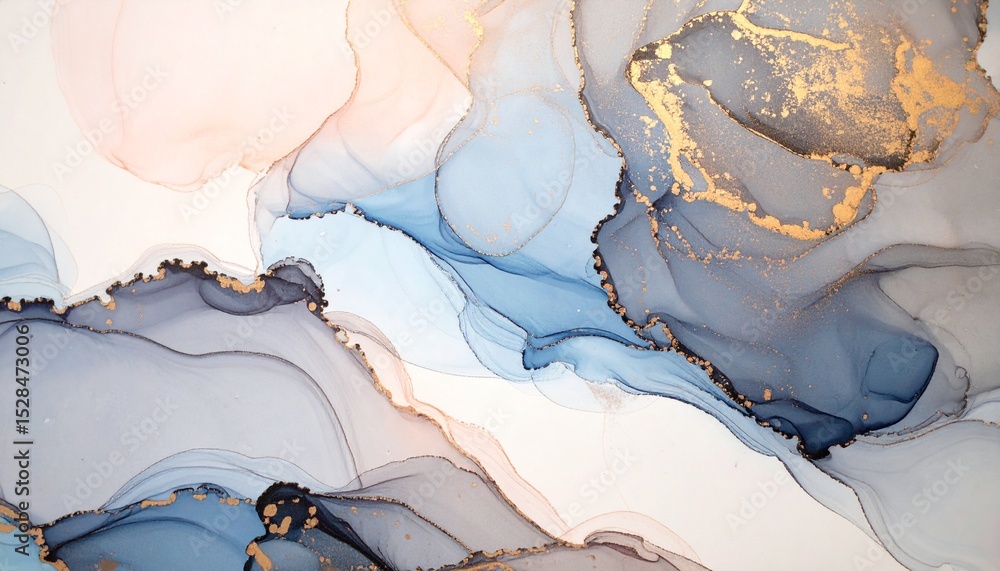 Fototapeta premium An elegant abstract fluid art background showcases a blend of soft blue, white, and peach hues with shimme gold accents, creating a dreamy and luxurious feel.