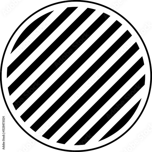 A circular background with medium thickness diagonal black stripes and a black contour border.