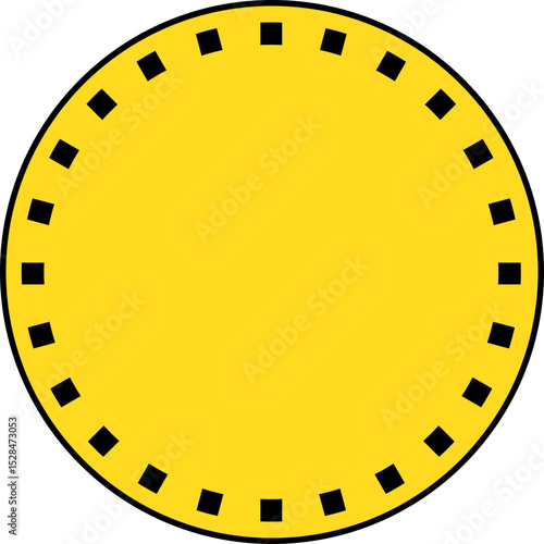 A circular background with medium diagonal yellow and black stripes on the border and a yellow center with a black contour.
