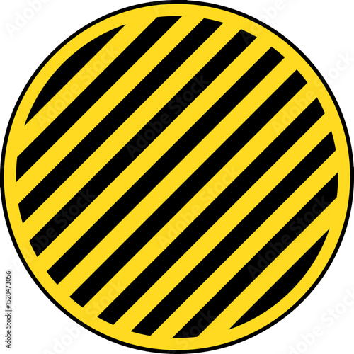 A circular background with medium thickness diagonal yellow and black stripes and a black contour border.