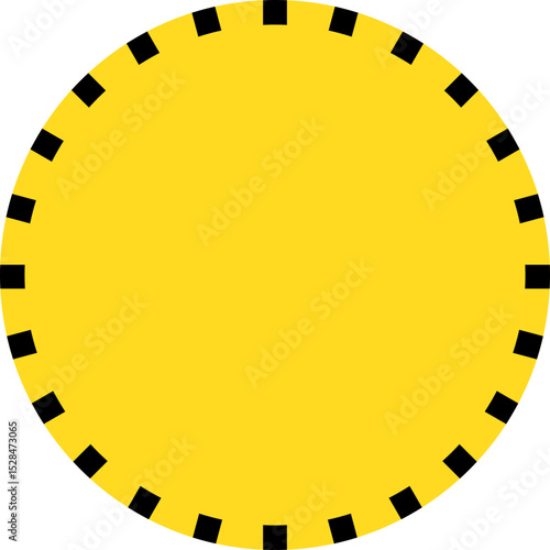 A circular background with medium diagonal yellow and black stripes on the border and a yellow center.
