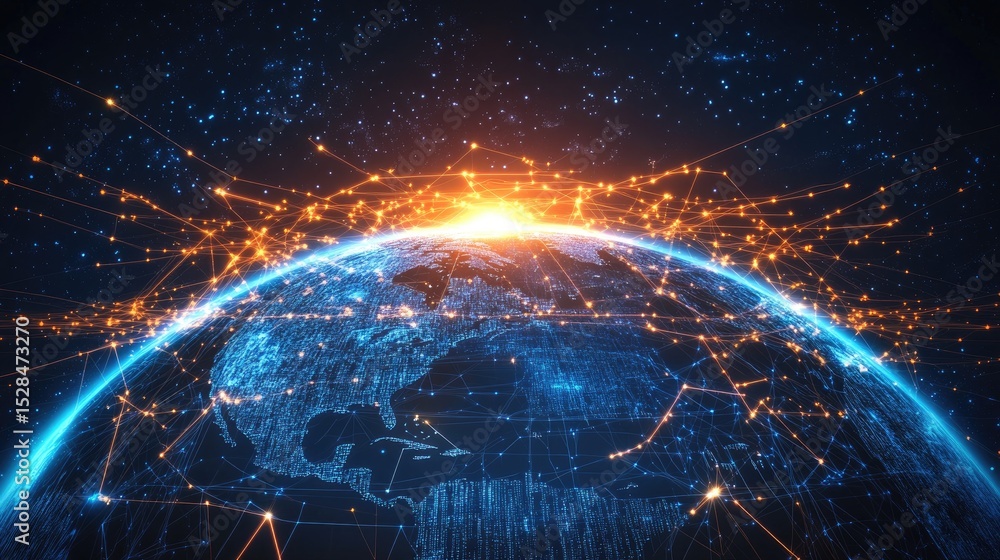 Logo with stylized digital planet orbited by small satellites, lines indicating data flow, for global tech company Logo with stylized digital planet orbited by small satellites, lines indicating data flow, for global tech company