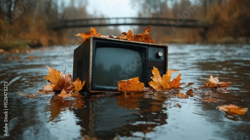 A nostalgic television set rests submerged in a river, surrounded by autumn leaves, symbolizing the forgotten inventions and the passage of time in nature.