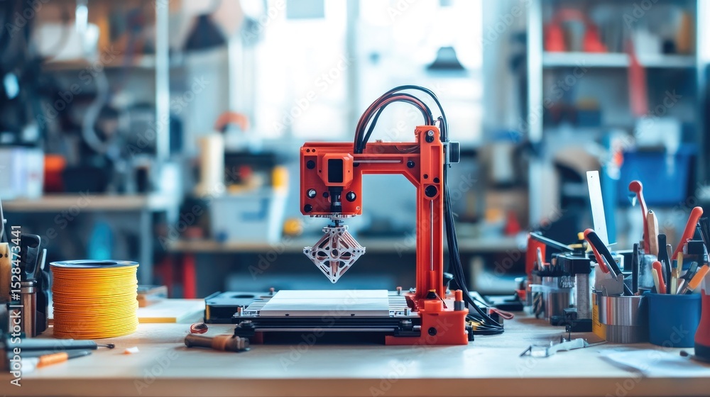 Fototapeta premium Modern D printer creating a mechanical component on a clean workbench, surrounded by tools and filament spools