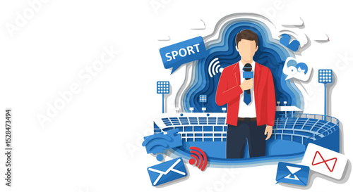 Sports journalist holding microphone in stadium with communication icons  