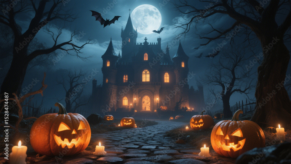 A hauntingly atmospheric Halloween scene featuring a dark, moonlit night with a mysterious old castle in the background. Halloween, Halloween Costumes, Halloween Background, Happy Halloween A hauntingly atmospheric Halloween scene featuring a dark, moonlit night with a mysterious old castle in the background. Halloween, Halloween Costumes, Halloween Background, Happy Halloween