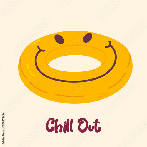 Inflatable yellow swim ring with happy face and Chill Out lettering. Perfect for summer, poolside designs, kids themes and beach graphics