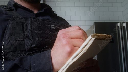 Closeup of a uniformed police officer writing in a notepad, possibly documenting a report or conducting an investigation indoors.