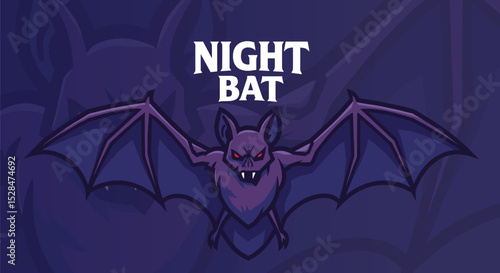 Cyber bat with angular wings and dark vision optics. Futuristic flat vector mascot with black and violet colors.
