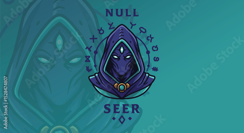 Robotic seer with empty gaze and floating cyber modules. Vector design with black and teal tones.