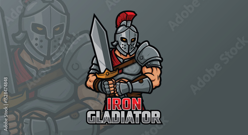 Robotic gladiator helmet with steel spikes and bold plating. Futuristic flat vector design.