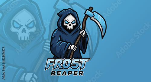 Cold-blooded robotic reaper with icy scythe and chilling presence. Vector esports logo design.
