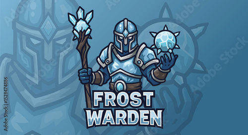 Cybernetic ice warrior with frosty armor and piercing eyes. Flat vector mascot design for gaming.