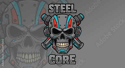 Heavy armored robot head with steel plating and power modules. Futuristic vector design for gaming or tech branding.
