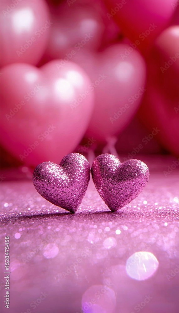 Obraz premium Two Pink Glitter Hearts on Sparkling Bokeh Background – Romantic Valentine's Day Concept