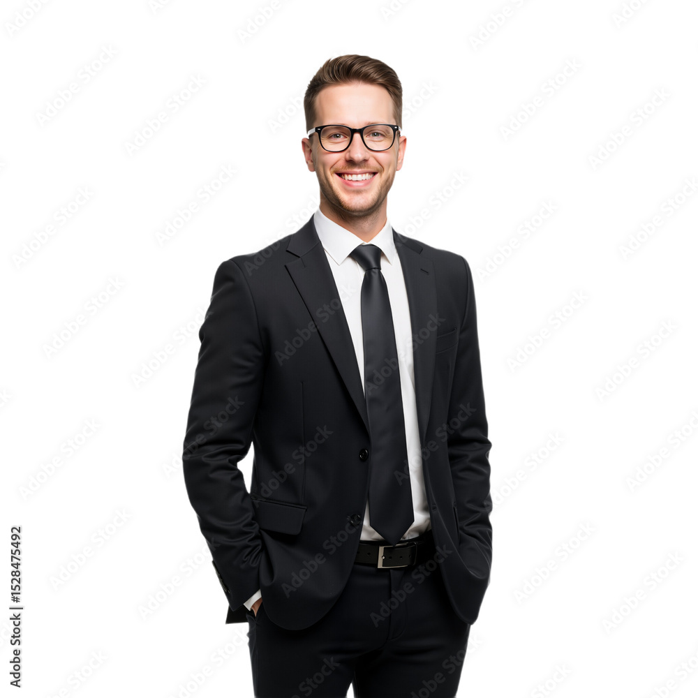 Confident Professional in Black Suit with Glasses, Smiling Against White Background Confident Professional in Black Suit with Glasses, Smiling Against White Background