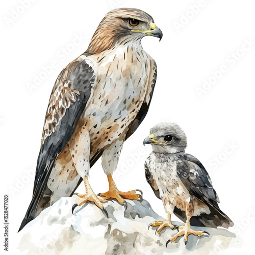 watercolor of A Mother Buzzard With Her Kid, vector high quality, isolated on a white background.