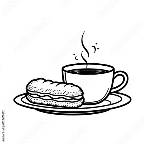 Hot coffee with eclair in hand-drawn sketch style illustration - concept of cozy dessert pairing combo set for bakery or cafe menu