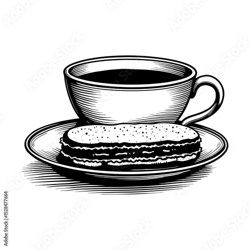 Cup of tea with éclair on plate in hand-drawn sketch black line illustration - concept of dessert and drink pairing combo set for cafe menu
