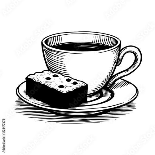 Hot tea with brownie slice on saucer in hand-drawn black line sketch style - concept of cozy dessert pairing combo for cafe or home menu
