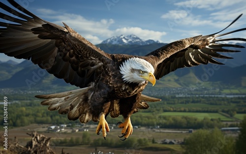 A striking bald eagle spreads its wings as it flies majestically over a breathtaking mountain landscape, capturing the beauty and freedom of wildlife in nature's splendor.