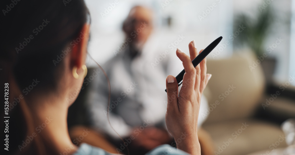 Psychologist, talking and advice for patient, hands and consultation for mental health and services. Appointment, people and back of therapist with help, discussion or counselling of client in clinic Psychologist, talking and advice for patient, hands and consultation for mental health and services. Appointment, people and back of therapist with help, discussion or counselling of client in clinic